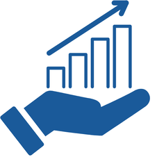 icon of a hand holding a graph with increasing bars 