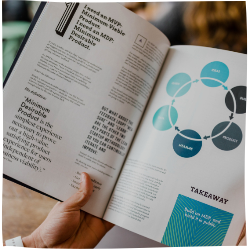 business brochure open to a page with text and diagrams